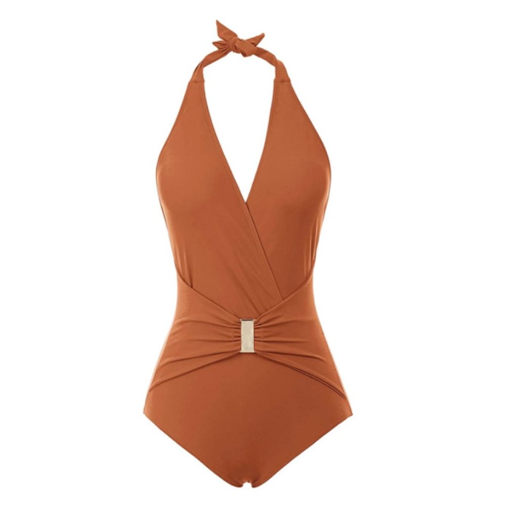 Flattering One-Piece Swimsuit with Gold Accent